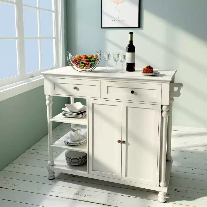 Îlot de cuisine en bois Euro eHemco avec armoire de rangement, 2 tiroirs et 3 étagères ouvertes, Blanc