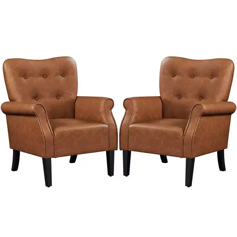 Yaheetech Set of 2 Mid-century Modern Faux Leather Armchair with Tufted High Back for Living Room, Bedroom, Retro Brown