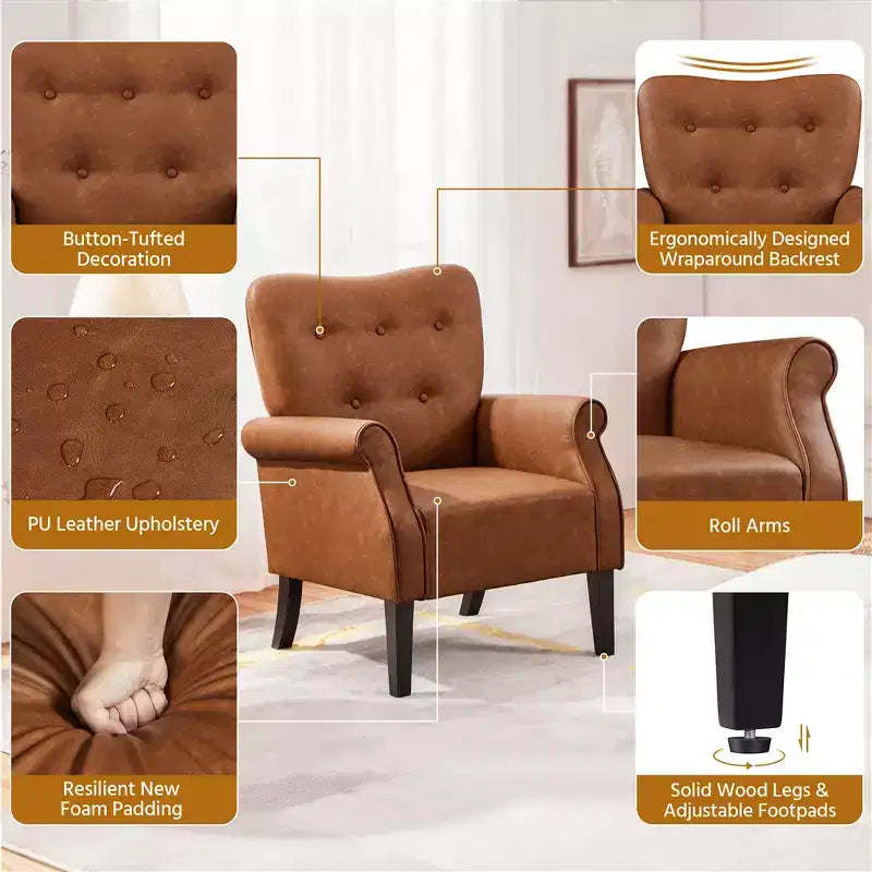 Yaheetech Lot de 2 fauteuils modernes du milieu du siècle en similicuir avec dossier haut capitonné pour salon, chambre, marron rétro