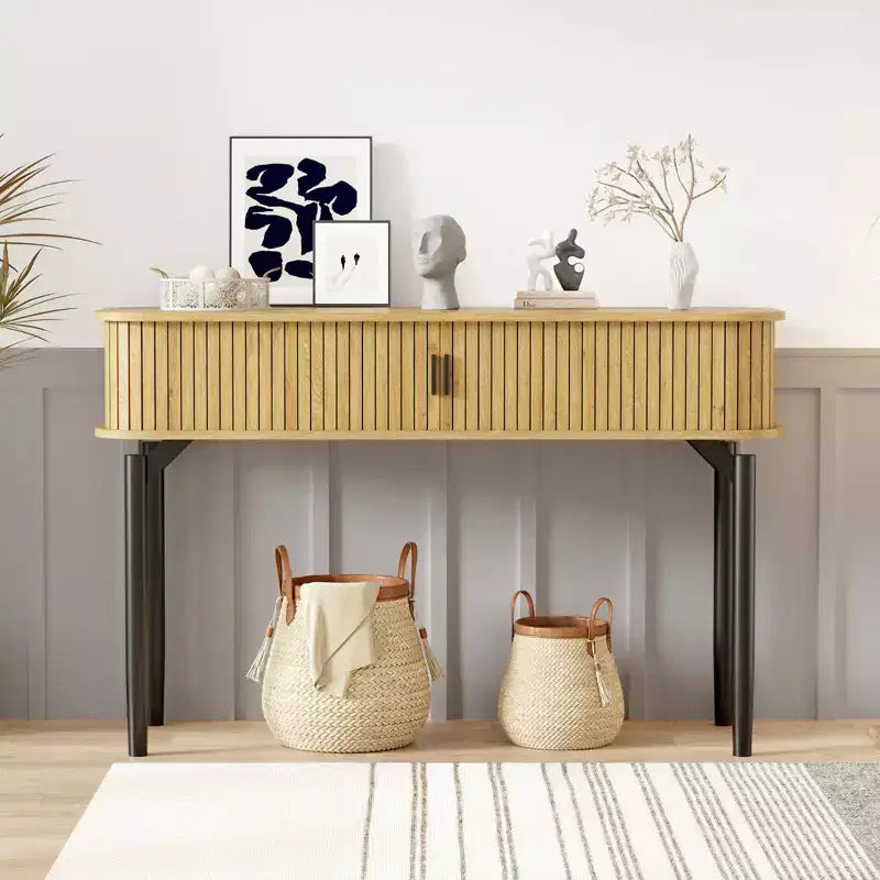 Console étroite cannelée de 47 po avec tiroirs, tables d'entrée étroites avec rangement et étagères