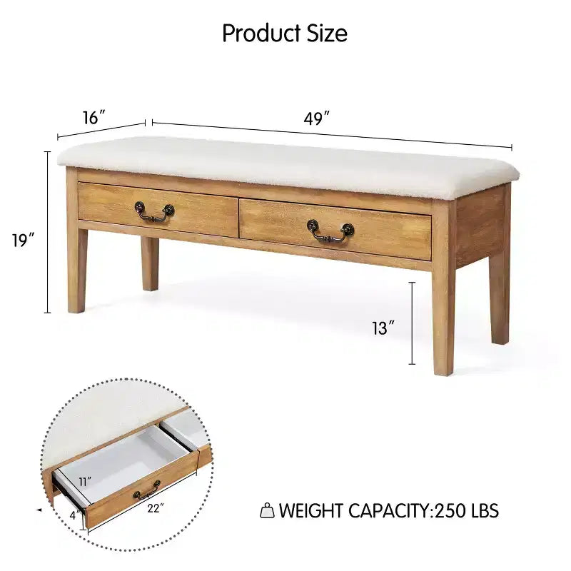 Banc de rangement rembourré Subrtex avec pieds en bois massif