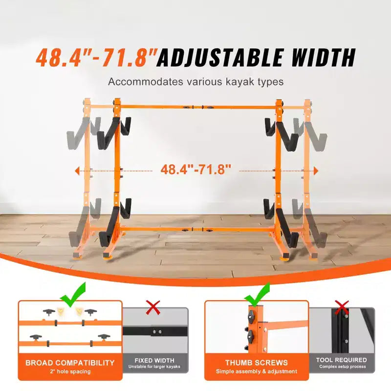 Support de rangement autoportant pour kayak VEVOR, support pour kayak/canoë/planche à pagaie 4 places avec bras rembourrés et largeur réglable, charge maximale de 100 kg