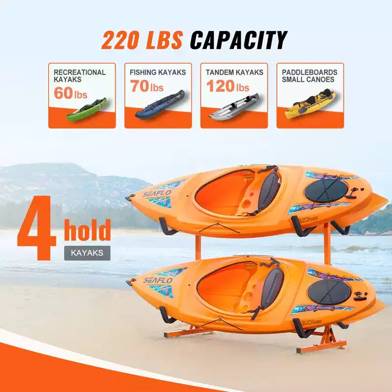 Support de rangement autoportant pour kayak VEVOR, support pour kayak/canoë/planche à pagaie 4 places avec bras rembourrés et largeur réglable, charge maximale de 100 kg