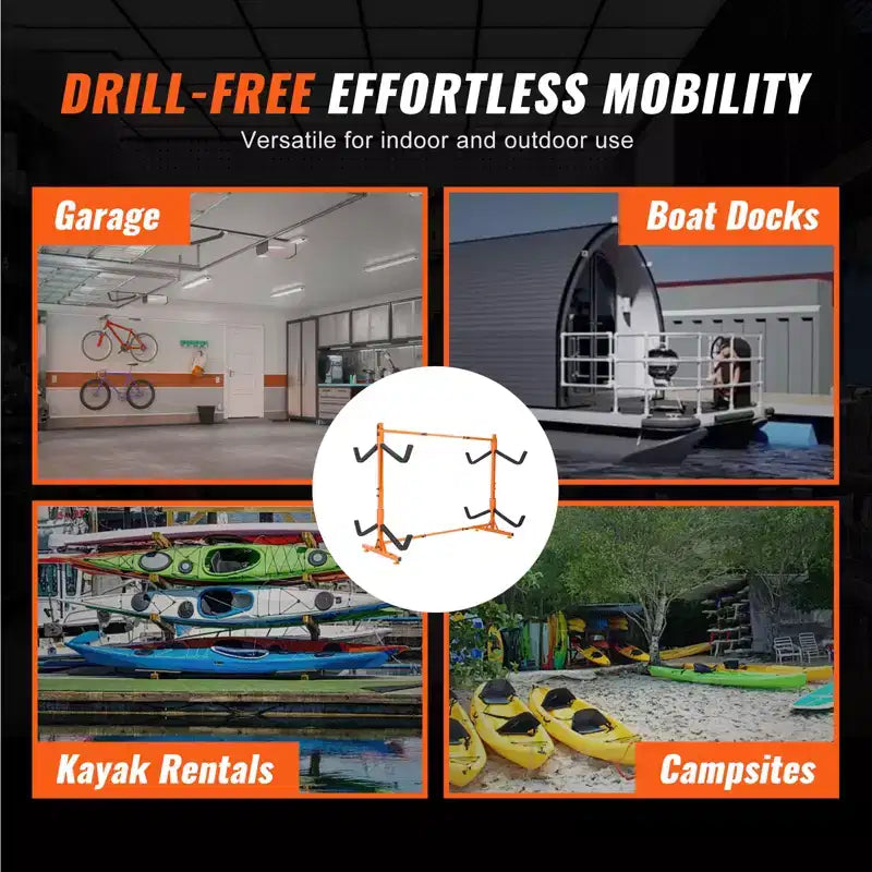 Support de rangement autoportant pour kayak VEVOR, support pour kayak/canoë/planche à pagaie 4 places avec bras rembourrés et largeur réglable, charge maximale de 100 kg