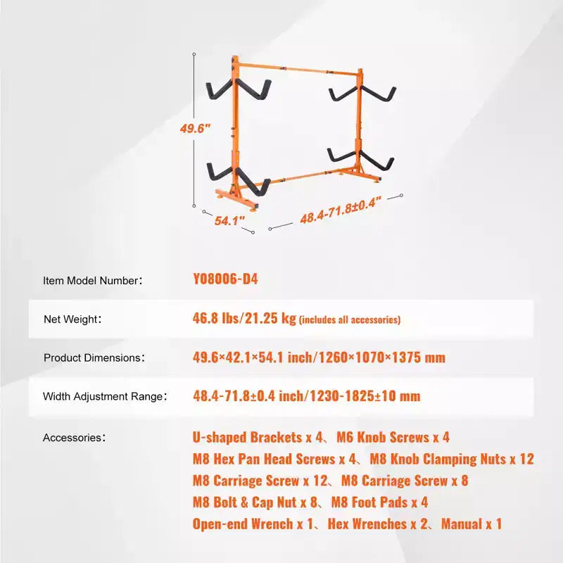 Support de rangement autoportant pour kayak VEVOR, support pour kayak/canoë/planche à pagaie 4 places avec bras rembourrés et largeur réglable, charge maximale de 100 kg