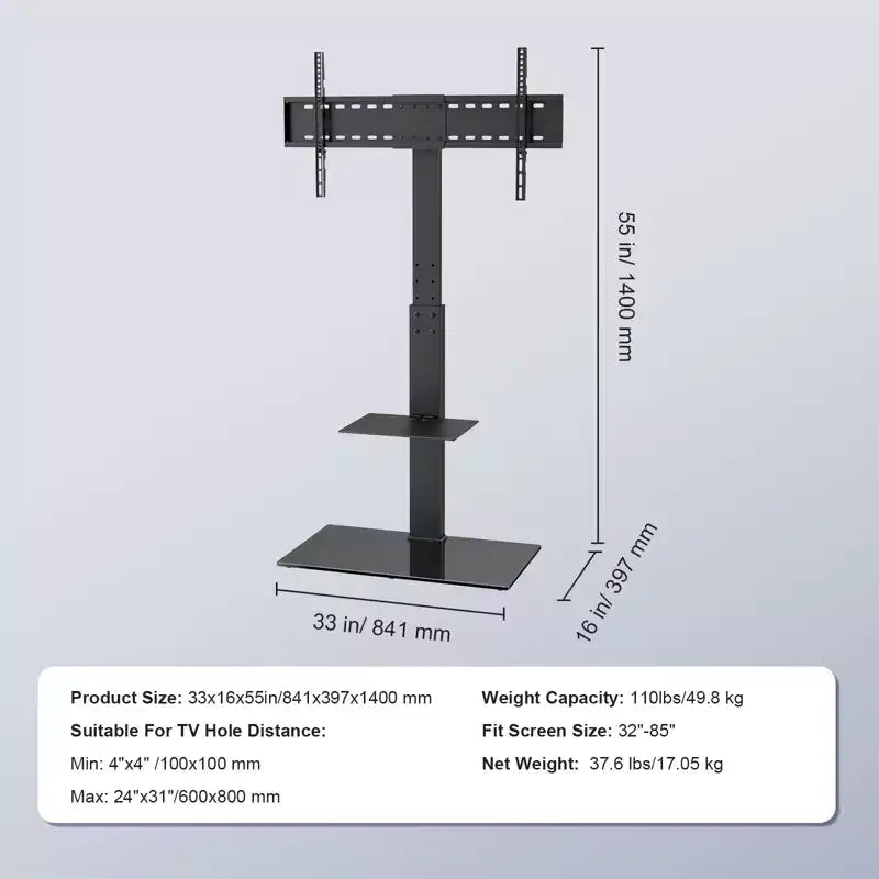 Support TV VEVOR, Support TV sur pied pivotant pour téléviseurs de 32 à 85 pouces, Support TV portable réglable en hauteur avec base en verre trempé