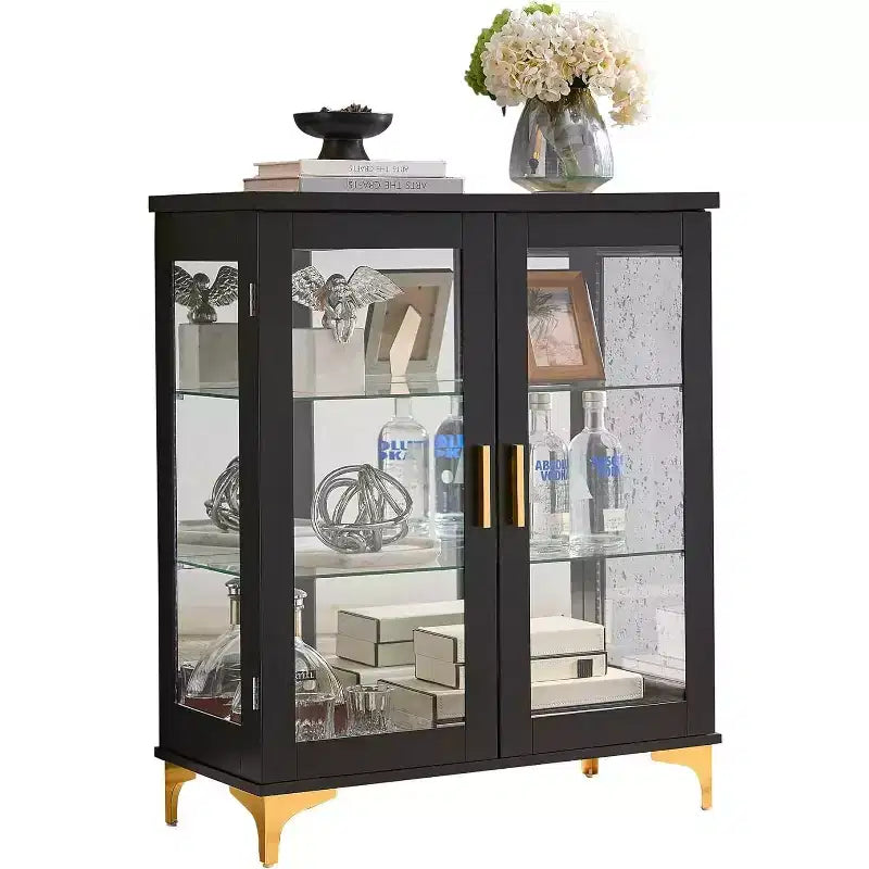 Meuble de buffet moderne Kings Brand Furniture avec portes en verre et étagères réglables