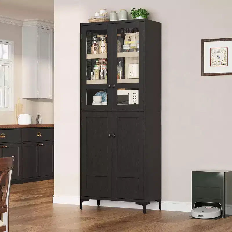 Meuble de rangement haut de 180 cm de style ferme, avec étagères réglables et 4 portes - Organisateur de garde-manger de salle de bain pour la cuisine, la salle à manger et le bureau
