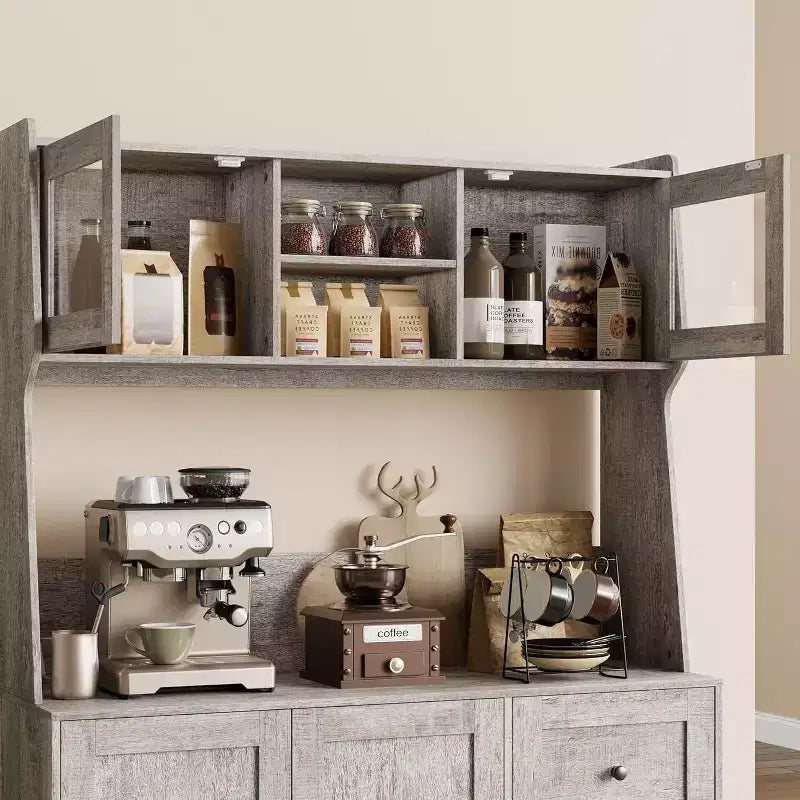 Meuble de rangement haut et réglable de 170 cm avec portes en verre trempé, plan de travail spacieux, garde-manger de cuisine moderne, bar à café, organisateur de bureau