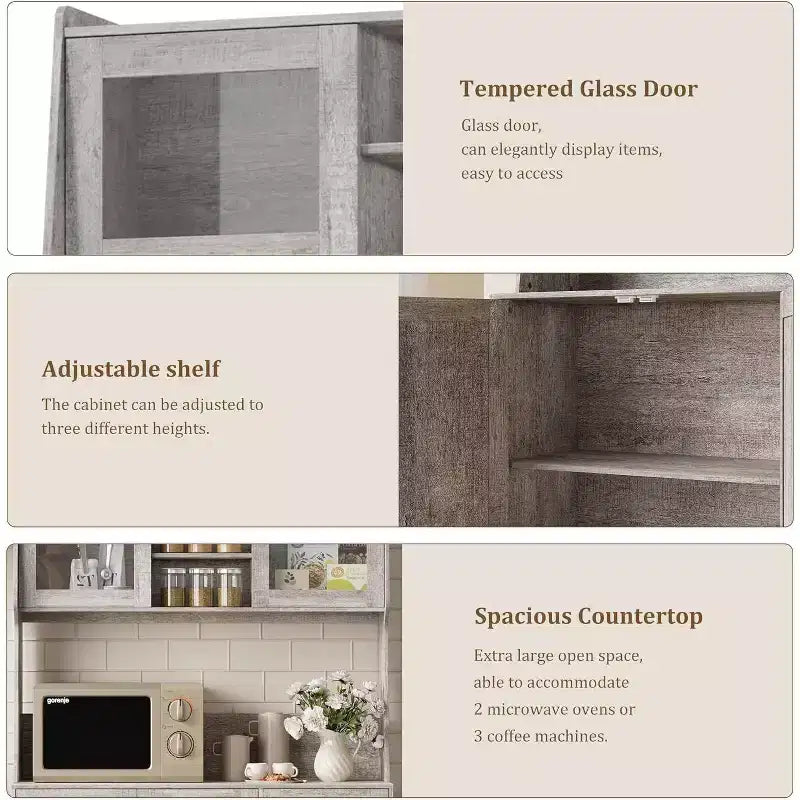 Meuble de rangement haut et réglable de 170 cm avec portes en verre trempé, plan de travail spacieux, garde-manger de cuisine moderne, bar à café, organisateur de bureau
