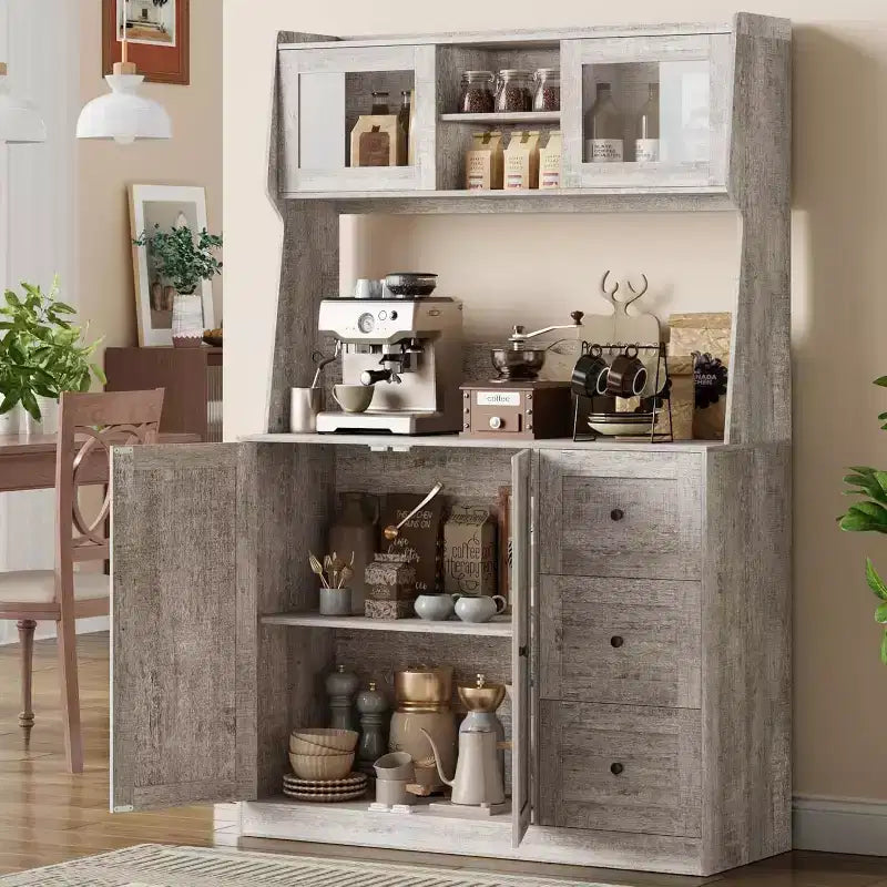 Meuble de rangement haut et réglable de 170 cm avec portes en verre trempé, plan de travail spacieux, garde-manger de cuisine moderne, bar à café, organisateur de bureau