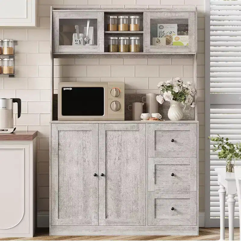 Meuble de rangement haut et réglable de 170 cm avec portes en verre trempé, plan de travail spacieux, garde-manger de cuisine moderne, bar à café, organisateur de bureau