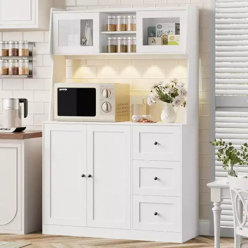 Meuble de rangement haut et réglable de 170 cm avec portes en verre trempé, plan de travail spacieux, garde-manger de cuisine moderne, bar à café, organisateur de bureau