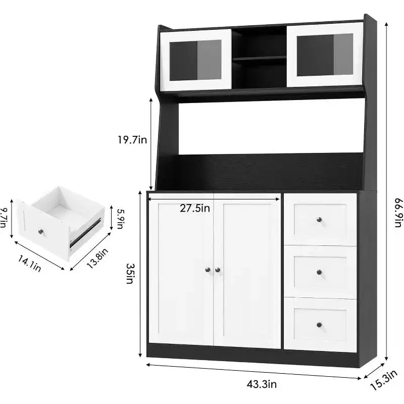 Meuble de rangement haut et réglable de 170 cm avec portes en verre trempé, plan de travail spacieux, garde-manger de cuisine moderne, bar à café, organisateur de bureau