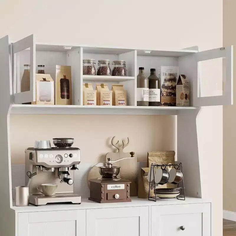 Meuble de rangement haut et réglable de 170 cm avec portes en verre trempé, plan de travail spacieux, garde-manger de cuisine moderne, bar à café, organisateur de bureau
