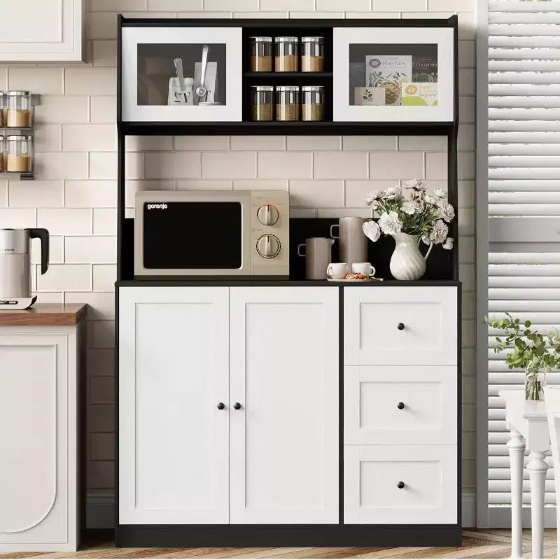 Meuble de rangement haut et réglable de 170 cm avec portes en verre trempé, plan de travail spacieux, garde-manger de cuisine moderne, bar à café, organisateur de bureau