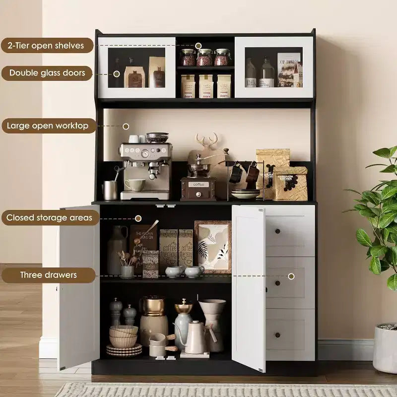 Meuble de rangement haut et réglable de 170 cm avec portes en verre trempé, plan de travail spacieux, garde-manger de cuisine moderne, bar à café, organisateur de bureau