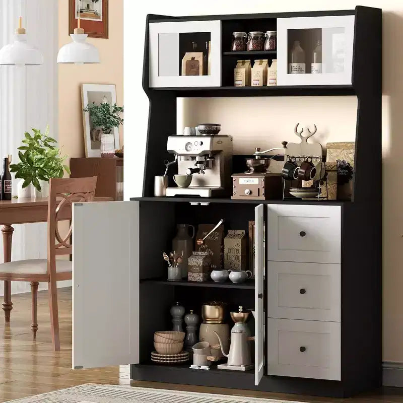 Meuble de rangement haut et réglable de 170 cm avec portes en verre trempé, plan de travail spacieux, garde-manger de cuisine moderne, bar à café, organisateur de bureau