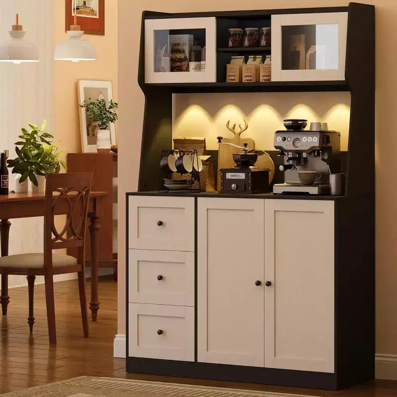 67 Tall Adjustable Storage Cabinet with Tempered Glass Doors, Spacious Countertop, Modern Kitchen Pantry, Coffee Bar, Office Organizer