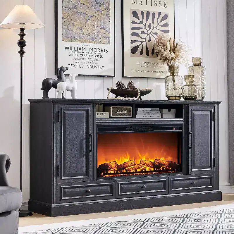 Meuble TV de cheminée haute de 35,7 po pour téléviseur de 80 po avec cheminée électrique de 36 po, meuble de divertissement de style ferme avec armoires et tiroirs