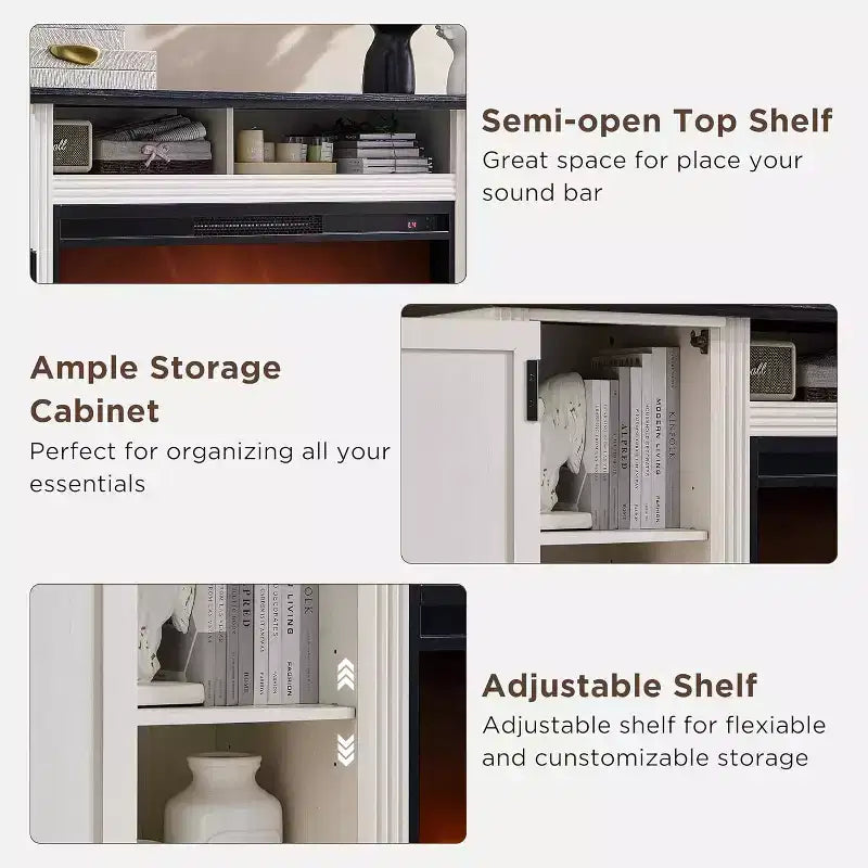 Meuble TV de cheminée haute de 35,7 po pour téléviseur de 80 po avec cheminée électrique de 36 po, meuble de divertissement de style ferme avec armoires et tiroirs