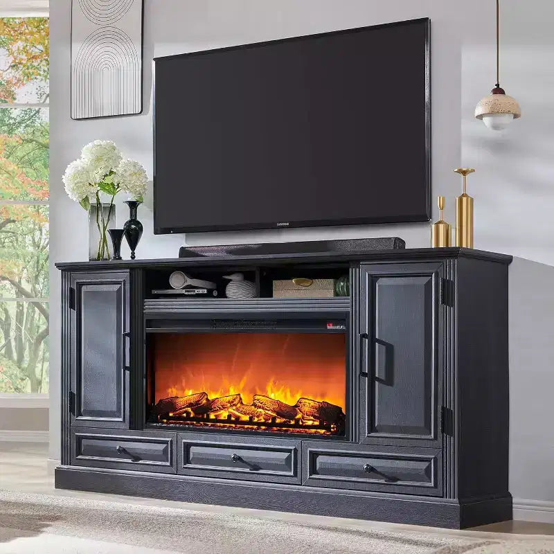 Meuble TV de cheminée haute de 35,7 po pour téléviseur de 80 po avec cheminée électrique de 36 po, meuble de divertissement de style ferme avec armoires et tiroirs