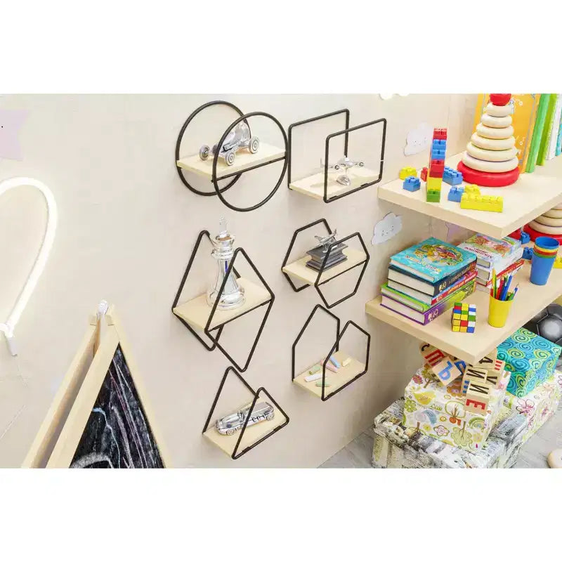 Set of 6 Geometric Wall Shelves  Floating Wooden Wall Decor