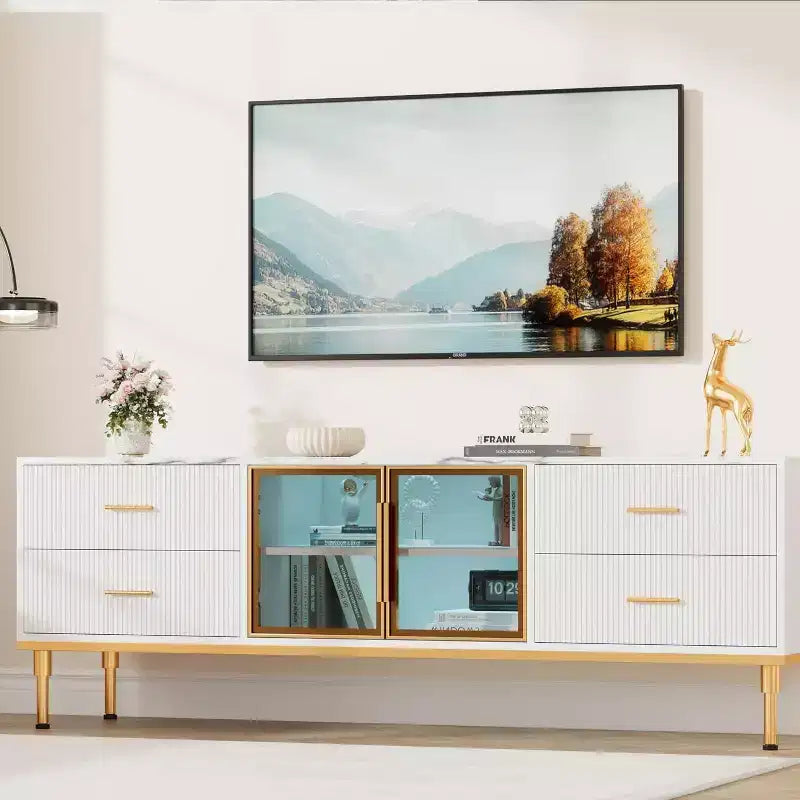 Meuble TV Acekool 65 pouces avec lumières LED, console moderne avec 4 tiroirs, étagères et portes en verre pour téléviseurs de 55 à 75 pouces
