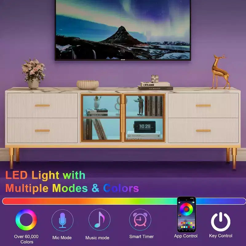 Meuble TV Acekool 65 pouces avec lumières LED, console moderne avec 4 tiroirs, étagères et portes en verre pour téléviseurs de 55 à 75 pouces