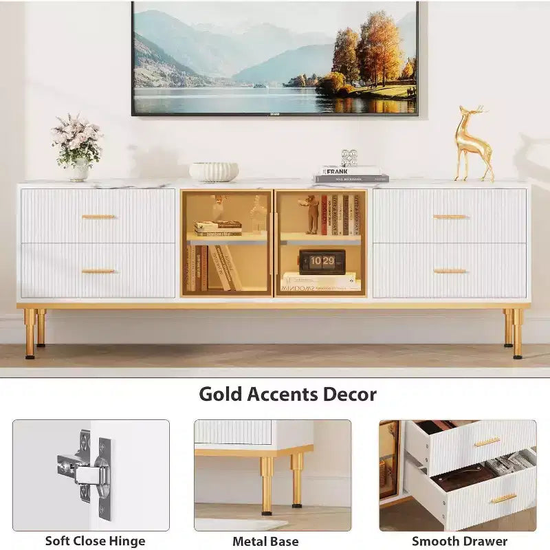 Meuble TV Acekool 65 pouces avec lumières LED, console moderne avec 4 tiroirs, étagères et portes en verre pour téléviseurs de 55 à 75 pouces