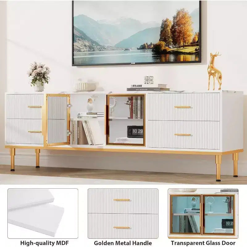 Meuble TV Acekool 65 pouces avec lumières LED, console moderne avec 4 tiroirs, étagères et portes en verre pour téléviseurs de 55 à 75 pouces