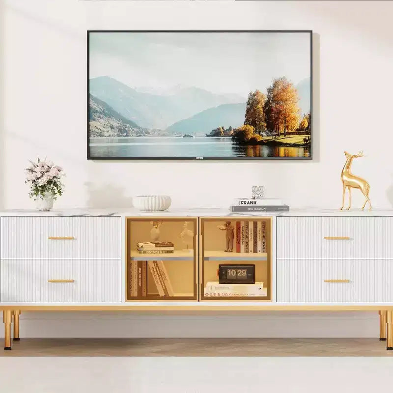 Meuble TV Acekool 65 pouces avec lumières LED, console moderne avec 4 tiroirs, étagères et portes en verre pour téléviseurs de 55 à 75 pouces