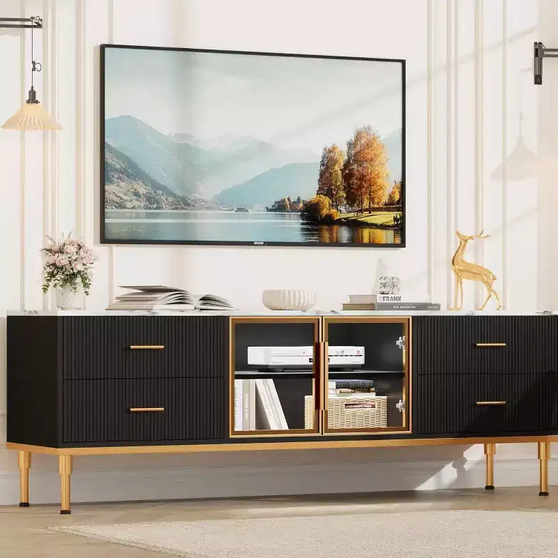 Meuble TV Acekool 65 pouces avec lumières LED, console moderne avec 4 tiroirs, étagères et portes en verre pour téléviseurs de 55 à 75 pouces