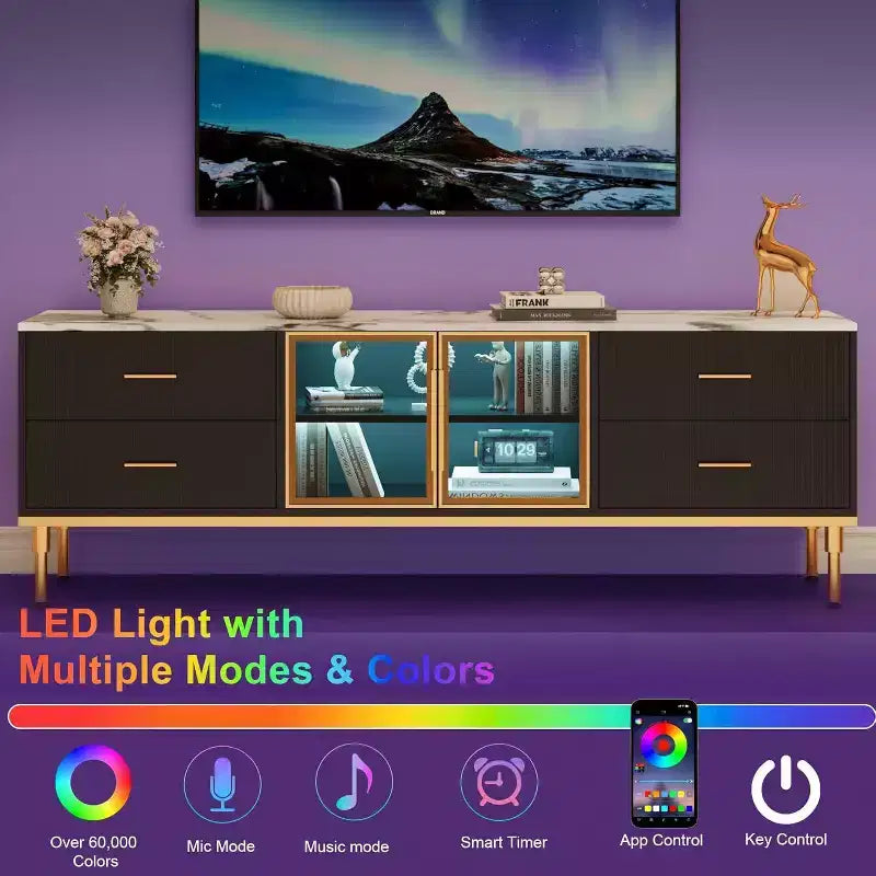 Meuble TV Acekool 65 pouces avec lumières LED, console moderne avec 4 tiroirs, étagères et portes en verre pour téléviseurs de 55 à 75 pouces