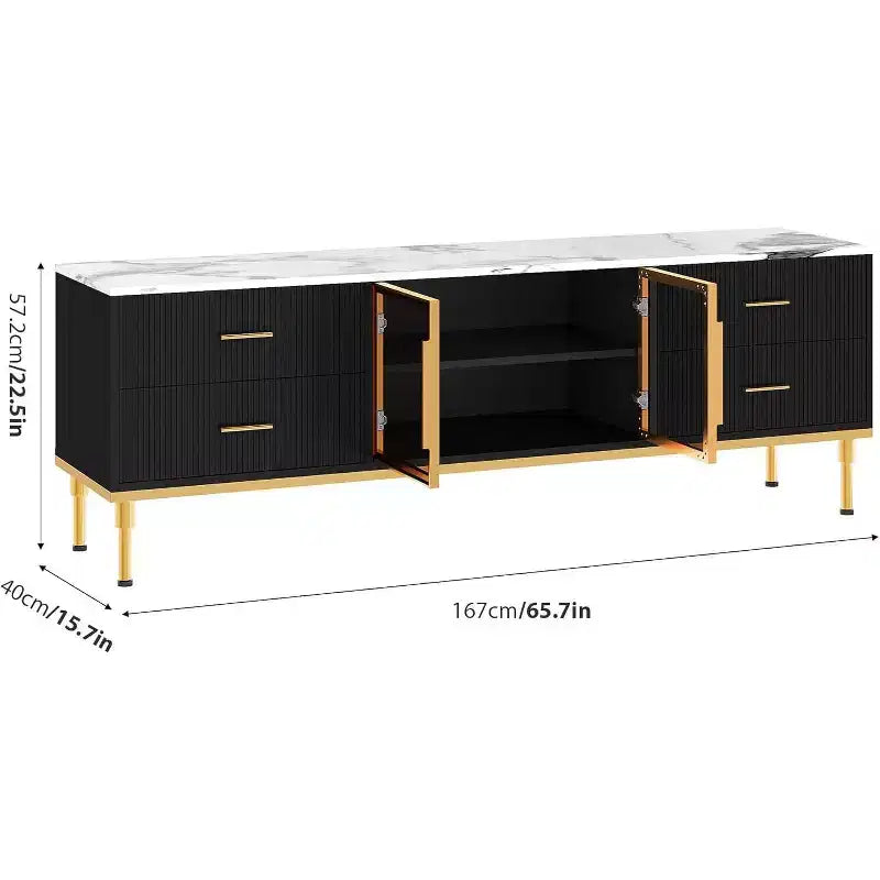 Meuble TV Acekool 65 pouces avec lumières LED, console moderne avec 4 tiroirs, étagères et portes en verre pour téléviseurs de 55 à 75 pouces