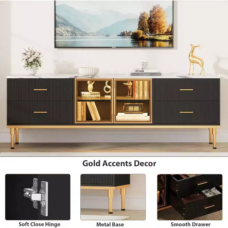 Meuble TV Acekool 65 pouces avec lumières LED, console moderne avec 4 tiroirs, étagères et portes en verre pour téléviseurs de 55 à 75 pouces