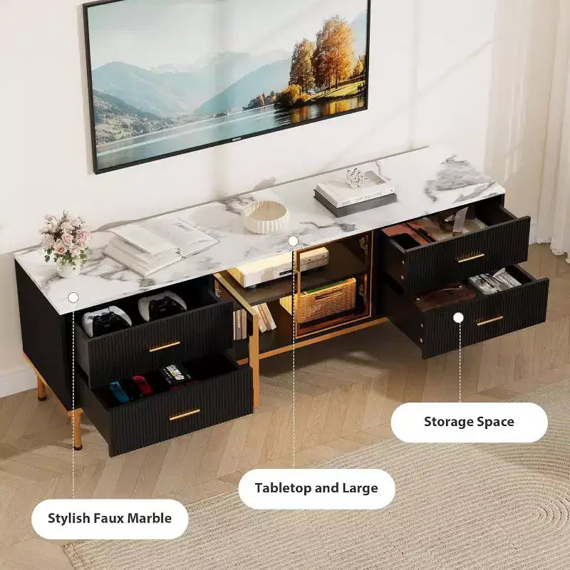 Meuble TV Acekool 65 pouces avec lumières LED, console moderne avec 4 tiroirs, étagères et portes en verre pour téléviseurs de 55 à 75 pouces