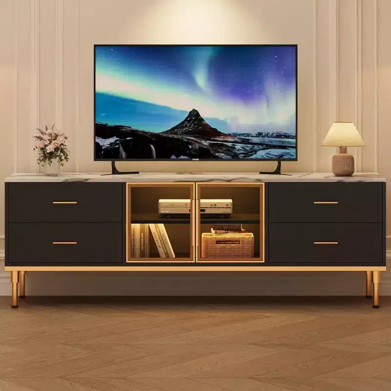 Meuble TV Acekool 65 pouces avec lumières LED, console moderne avec 4 tiroirs, étagères et portes en verre pour téléviseurs de 55 à 75 pouces