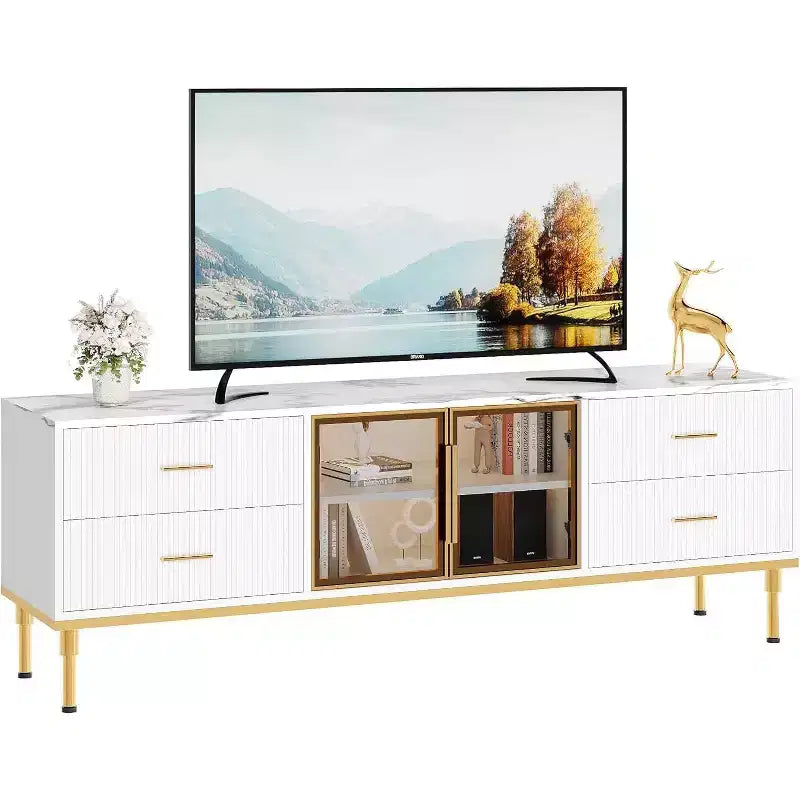 Meuble TV Acekool 65 pouces avec lumières LED, console moderne avec 4 tiroirs, étagères et portes en verre pour téléviseurs de 55 à 75 pouces