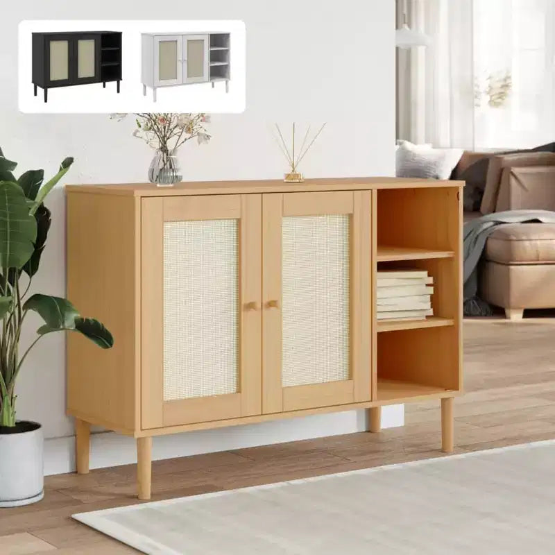 vidaXL SENJA Buffet bahut en aspect rotin, pin massif, avec 3 compartiments ouverts