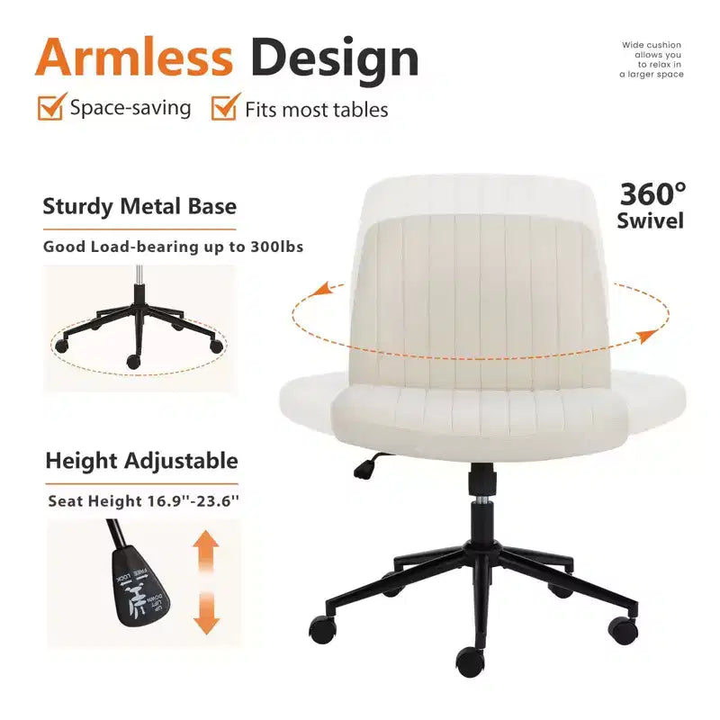 Chaise de bureau, chaise de vanité, sans accoudoirs, pivotante, réglable en hauteur, assise large, avec roulettes remplaçables/base fixe, chaise de travail confortable et rembourrée