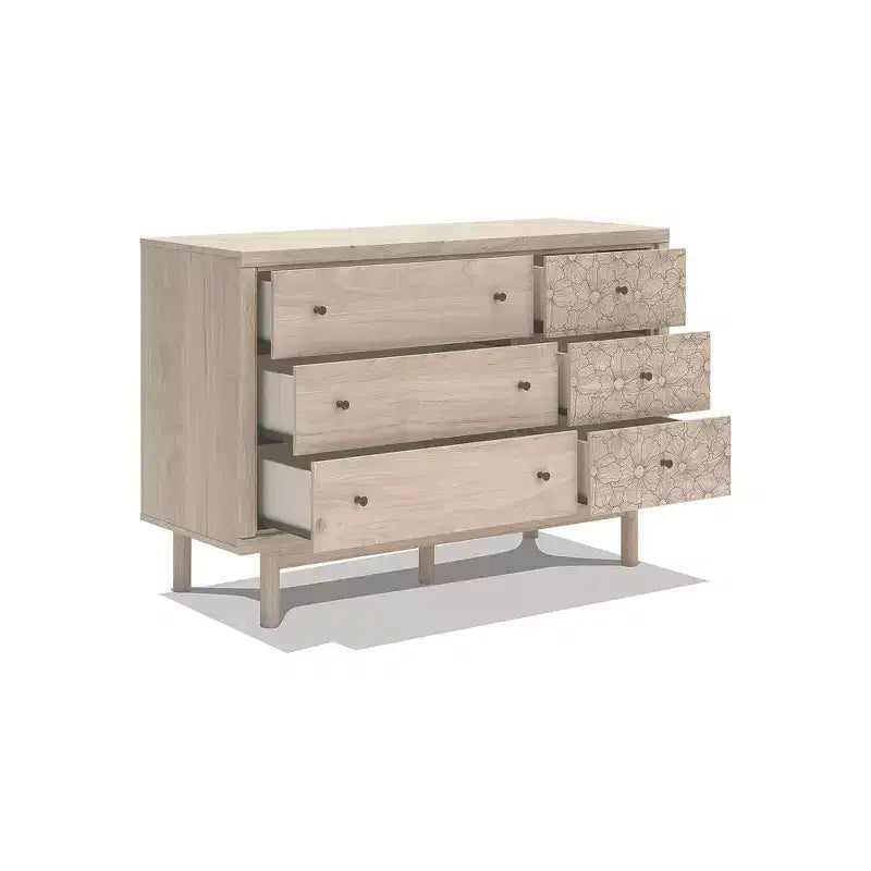 Commode 6 tiroirs Signature Design by Ashley Birkmore, finition chêne clair avec accents floraux, couleur havane