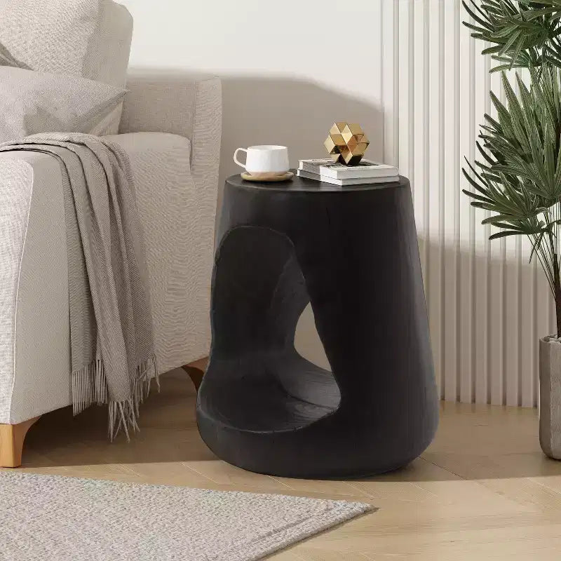 Hollow Side Table, Wood-like texture, Black Color