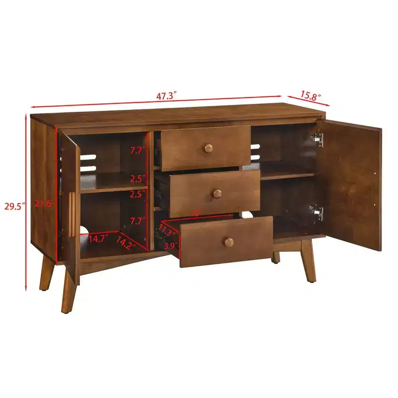 Buffet de rangement en bois GDFStudio Sigrid Mid Century Modern 47,3 avec 2 portes et 3 tiroirs