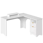 Bureau d'angle Bestier de 140 cm avec tiroirs, bureau d'ordinateur de bureau avec coins arrondis, support d'écran et panneaux cannelés, blanc et noyer