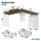 Bureau d'angle Bestier de 140 cm avec tiroirs, bureau d'ordinateur de bureau avec coins arrondis, support d'écran et panneaux cannelés, blanc et noyer