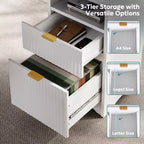 Bureau d'angle Bestier de 140 cm avec tiroirs, bureau d'ordinateur de bureau avec coins arrondis, support d'écran et panneaux cannelés, blanc et noyer