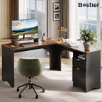 Bureau d'angle Bestier de 140 cm avec tiroirs, bureau d'ordinateur de bureau avec coins arrondis, support d'écran et panneaux cannelés, blanc et noyer