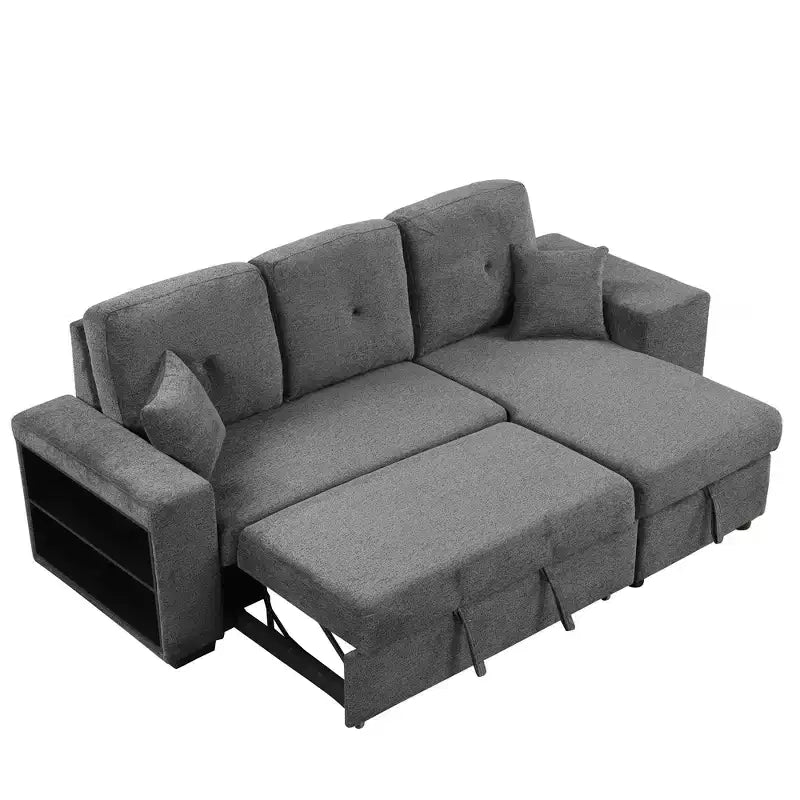 Canapé d'angle convertible réversible en L avec chaise longue de rangement, étagère latérale et 2 tabourets – Canapé-lit gigogne pour salon