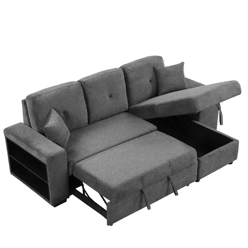 Canapé d'angle convertible réversible en L avec chaise longue de rangement, étagère latérale et 2 tabourets – Canapé-lit gigogne pour salon